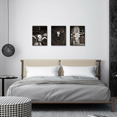 Bull Skull Canvas Art Wall Decor, Vintage Black 3 Pack, 12"W × 16"L