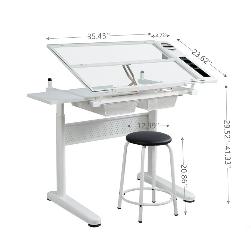 Table à dessin à manivelle réglable avec 2 tiroirs en métal et tabouret, Blanc