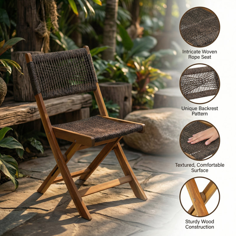 3-Piece Folding Acacia Wood Bistro Set with Teak-Look Finish and Chocolate Wicker, Patio Set with 2 Chairs and Round Table, Space-Saving Patio Furniture for Balcony, Garden, Deck