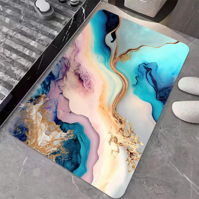 Tapis de bain en terre de diatomées, bleu néon et marbre doré - volume ultra-absorbant à séchage rapide, absorbant, écologique, facile à nettoyer pour la salle de bain Tapis de porte de cuisine 18 x 30 pouces (45 x 75 cm)