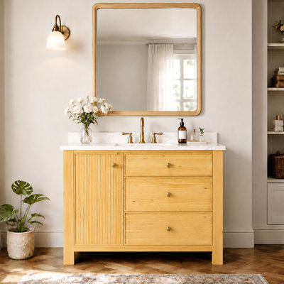 Meuble-lavabo simple 42 po avec comptoir en pierre d'ingénierie, lavabo sous-comptoir, 3 tiroirs et dosseret