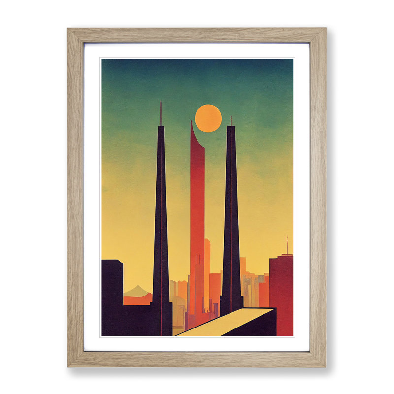 City Skyline Retro Art No.1 - Wall Art, 66cm H x 48cm W x 2cm D, Oak Framed
