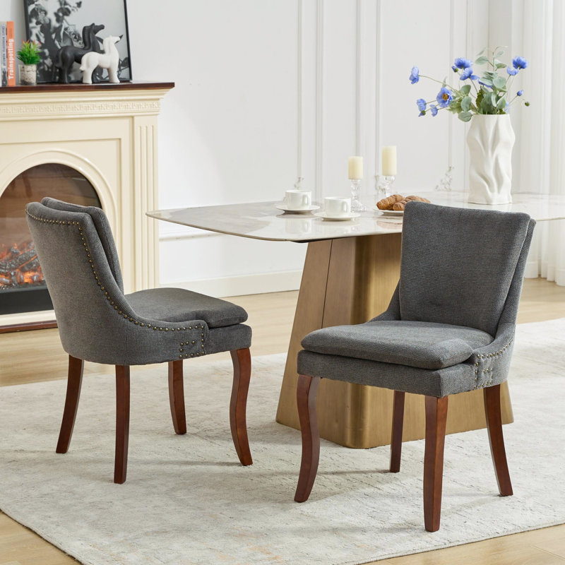 Chaises de salle à manger rembourrées à double couche en chenille rembourrées de 2, dossier moyen et pieds stables en bois massif incurvé pour un espace confortable - Gris 2 chaises d'appoint à double couche, revêtement avec