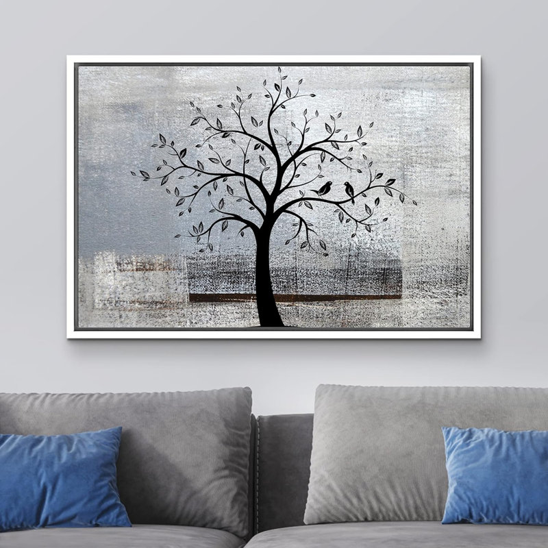 Silhouette d'arbre sur fond gris Botanical Abstract Rustic Farnhouse Lodge, impression sur toile, Cadre blanc