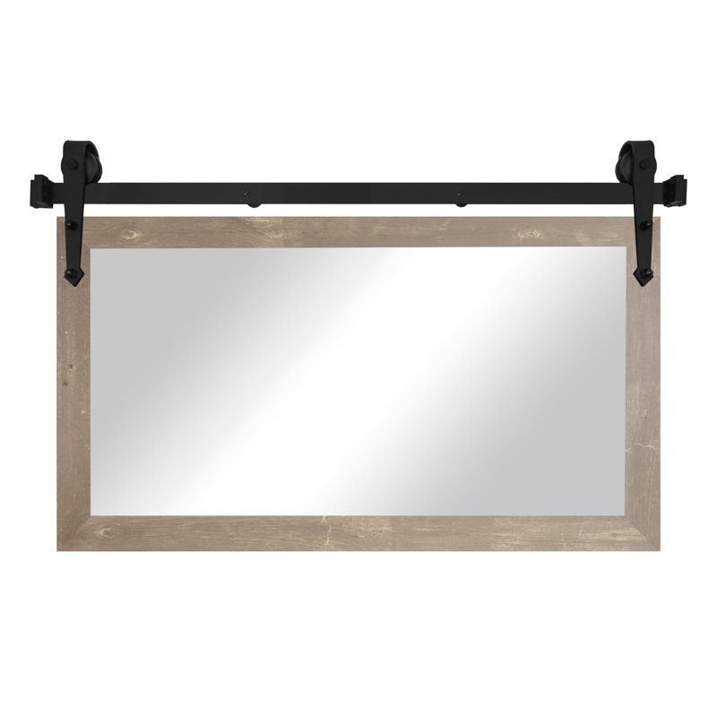Miroir rustique moderne avec rail de porte de grange en acier, Brun récolte, 33 po x 36 po