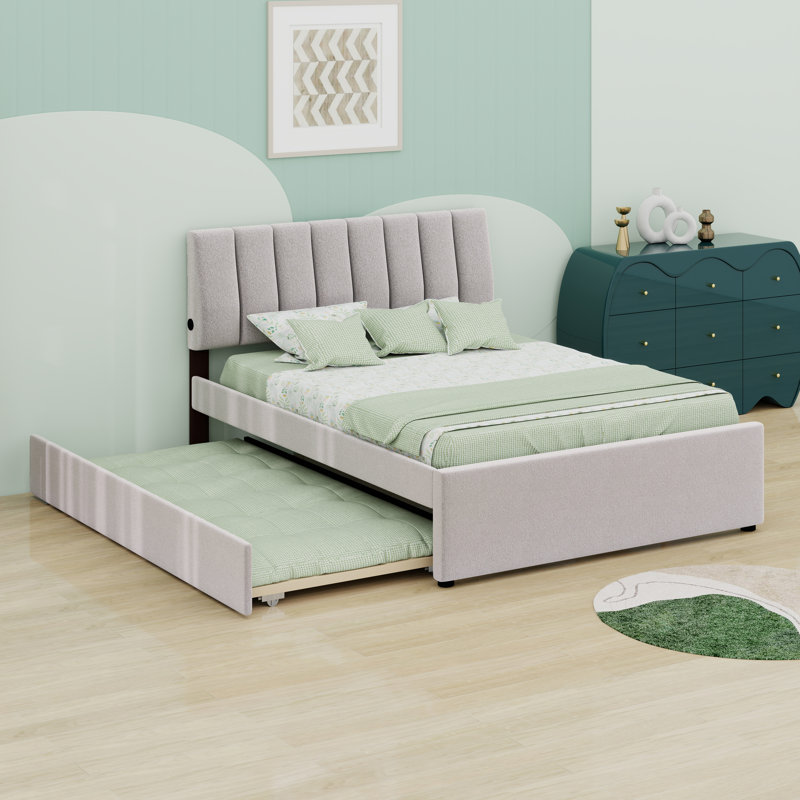 Lit plateforme tapissier avec lit gigogne et tête de lit Teddy, Beige, Lit double