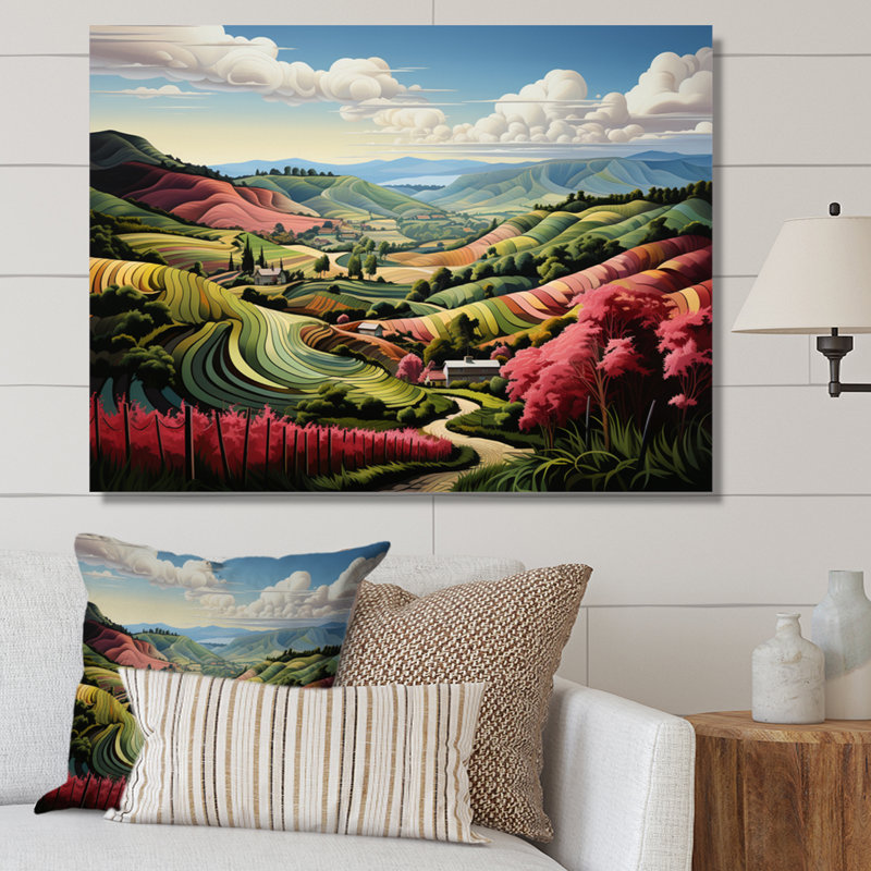 Vert, rose, vignoble, rangées de rubis sur toile, Toile tendue, H 16 po x l 32 po x P 1 po