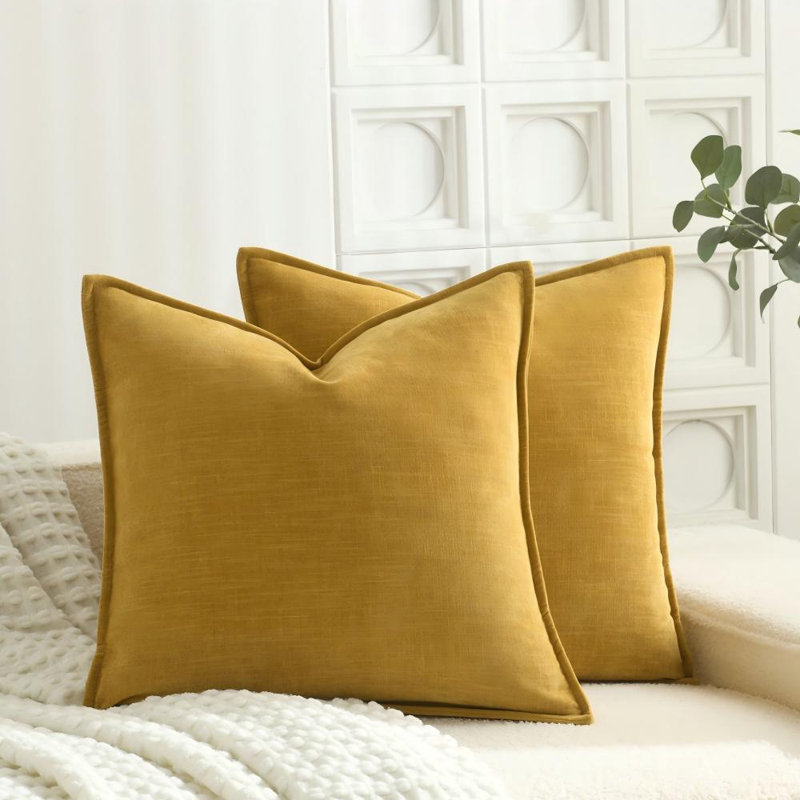 Super Soft Velvety Slub Heavy Chenille Decorative Pillow Cover with Flange (Set of 2), Square 20", Yellow