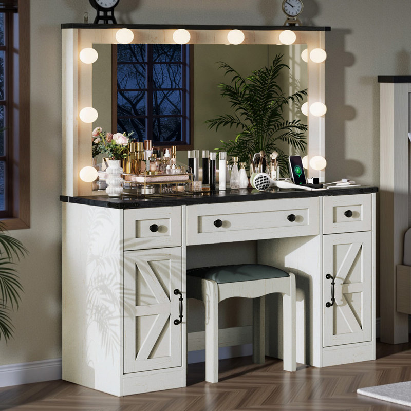 Cioeta 43" Farmhouse Makeup Vanity with Hollywood 3 colors Adjustable Mirror&Built-in Outlets, White