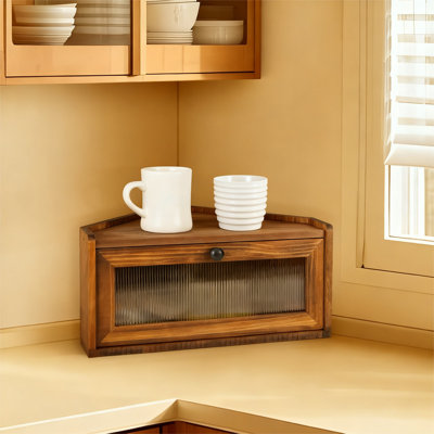 Bread Box For Kitchen Countertop, Wooden Corner Food Storage Bin, 1 (Brown)