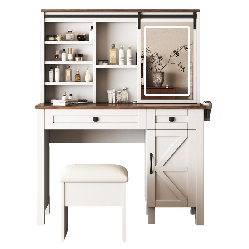 Coiffeuse de style avec tablettes spacieuses, lumières et séchoir à cheveux, bureau, miroir coulissant et rangement