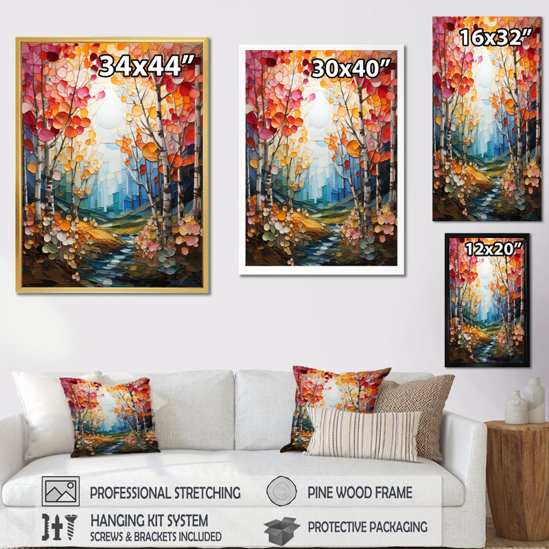 Darrika Birch Woods Autumn Harmony II, reproduction d'art sur toile, H 32 po x l 16 po x P 1 po, Cadre flottant blanc