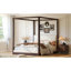 Lit plateforme à baldaquin en bois grand avec tête de lit tapissier, structure espresso et tissu blanc-130145081-130145082