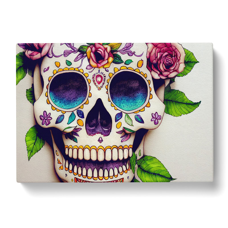 Masterful Floral Sugar Skull - Wrapped Canvas, 50cm H x 76cm W x 3cm D