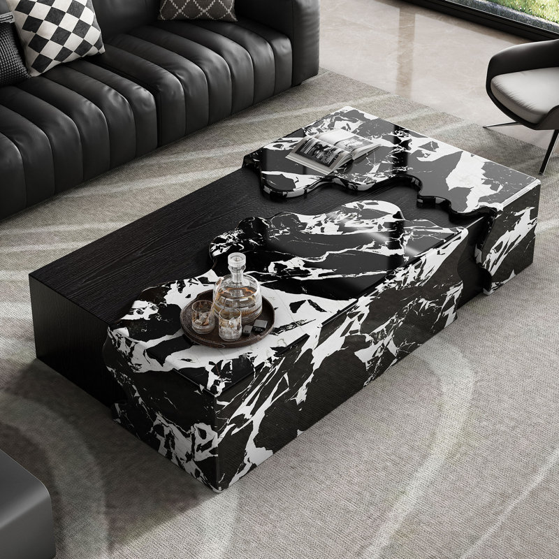 Exquisite Contemporary Stream Form Marble Coffee Table With Flowing Water Form Finish And Wood Veneer Base, Rectangular Black