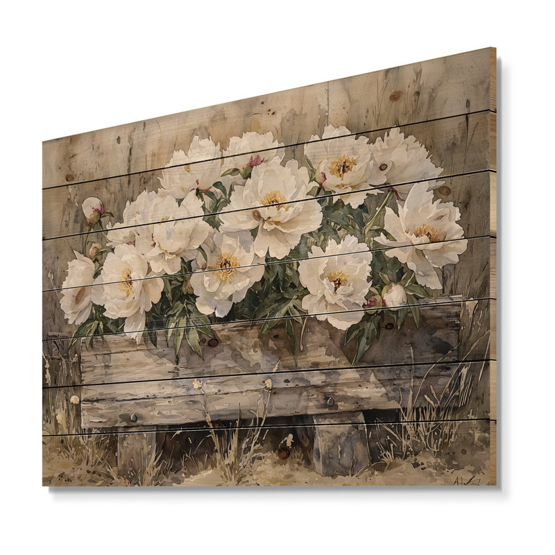 Far, Peonies Near The Water Trough - Peonies Wood Wall Decor - On Natural Pine Wood, 10" H x 20" W x 0.78" D