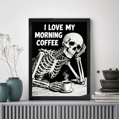 Squelette noir encadré noir tenant un café chaud «I Love My Morning Coffee», impressions encadrées de style rétro