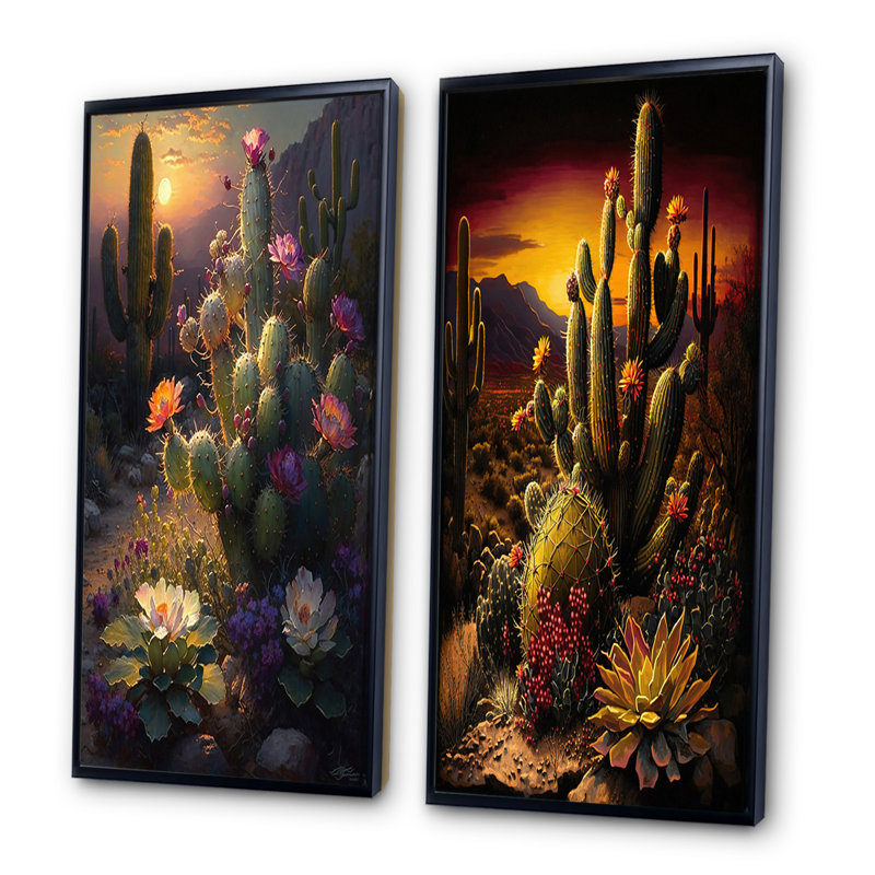 «Cactus In Desert», 2 pièces sur toile, H 40 po x l 40 po, Cadre noir