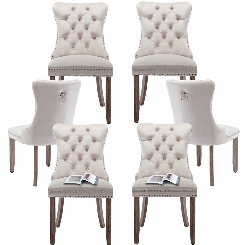High-end Tufted Velvet Upholstered Nailhead Dining Chair (Set of 4), Beige, Brown