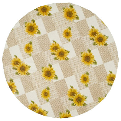 Indoor Outdoor Patio Round Fitted Vinyl Tablecloth, Flannel Backing, Elastic Edge, Waterproof Wipeable PVC Table Cover, Sunflowers Pattern For 5-Seat Table Of 36"-44" Diameter