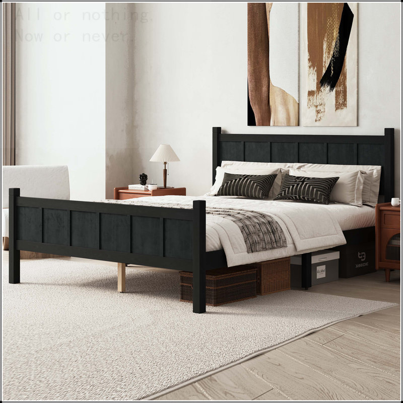 Twin Size Flat Panel Bed with Shaker and Farmhouse Style Design, Queen, Black