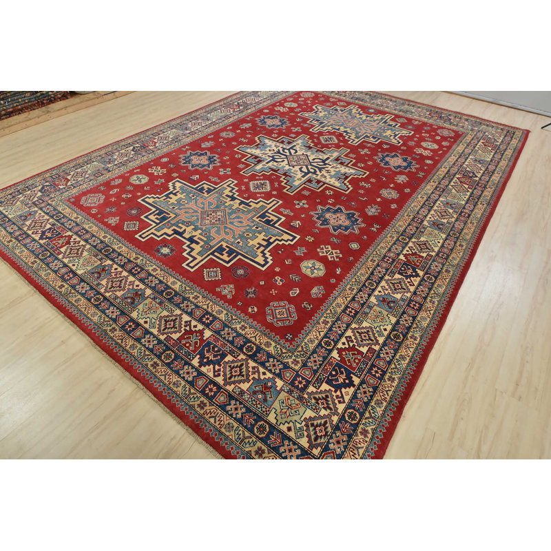 Tapis décoratif en laine rouge Kazak de conception unique noué à la main/Ivoire 9 pi 11 po x 13 pi 8 po