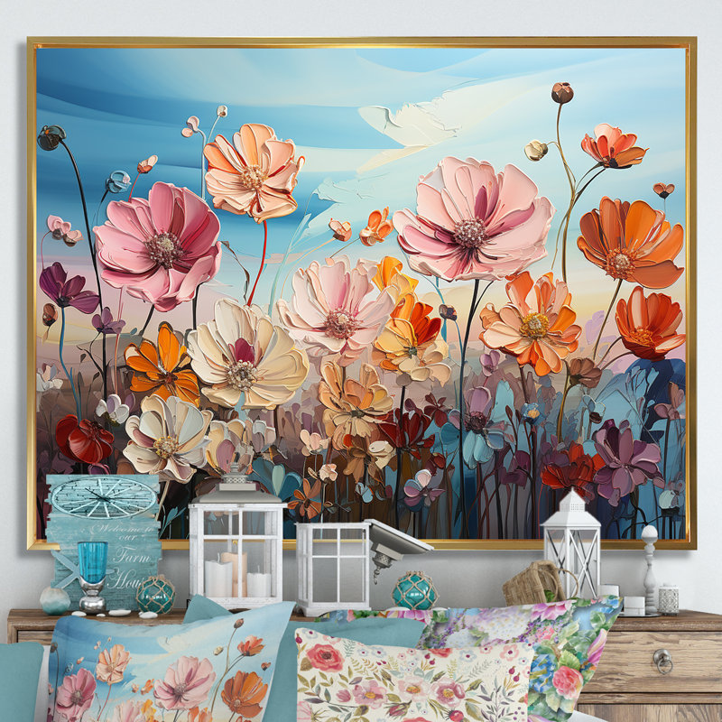 Reproduction d'art sur toile, "Zinnias" rose et blanc, Cadre flottant doré, H 30 po x l 40 po x P 1,5 po