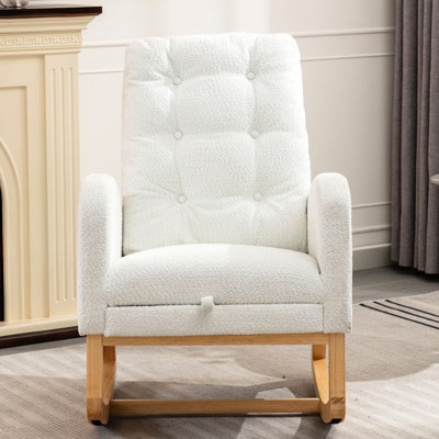 Fauteuil à bascule confortable avec repose-pieds: coussin épais, fabrication en bois d'hévéa, pour le salon, 39,45H pouces, chaise rembourrée blanche: siège relaxant, dossier haut, base en bois massif, 27,47 po
