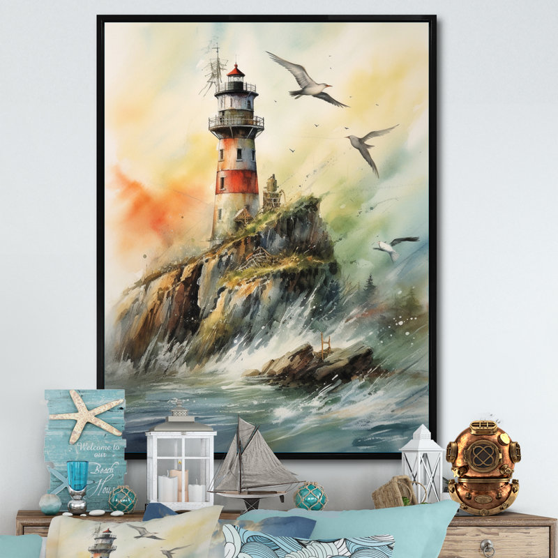 Océan tour de guet V sur toile, Cadre flottant noir, 44" H x 34" W