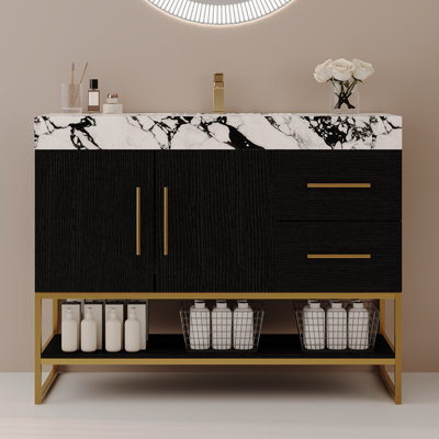 Meuble-lavabo 36 po avec lavabo en céramique et poignées dorées Mordern, armoire en bois autoportante avec 2 tiroirs