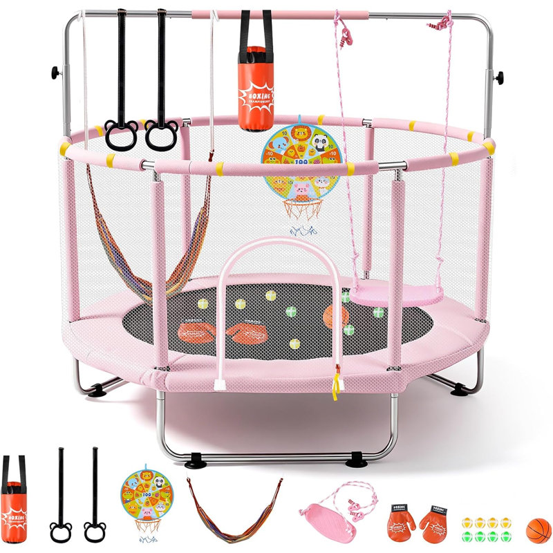 Trampoline 60 po pour enfant avec filet, capacité de 440 lb, avec barre de gymnastique réglable et jouets, cadeau pour les enfants de 3 à 8 ans
