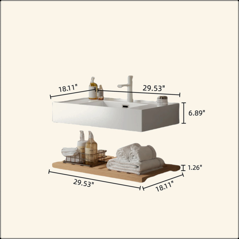 Meuble-lavabo de 30 po avec lavabo vasque, lavabo intégré mural flottant rectangulaire en acrylique blanc sans robinet, étagère rayée