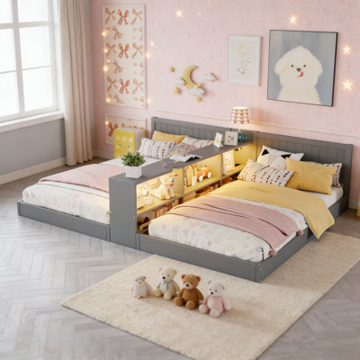 Structure de lit double avec rangement et charge, conception convertible pour enfants, gris, éclairage DEL, fabrication durable
