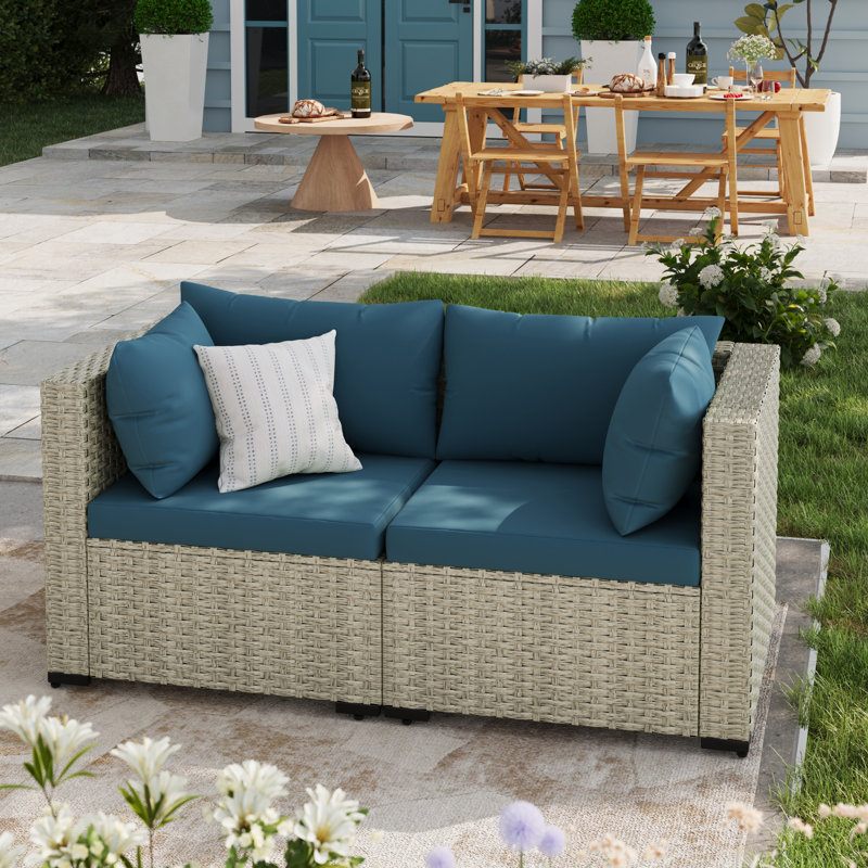 2 Pieces Design-Oriented Rattan Patio Sofa With Cushions, Peacock Blue
