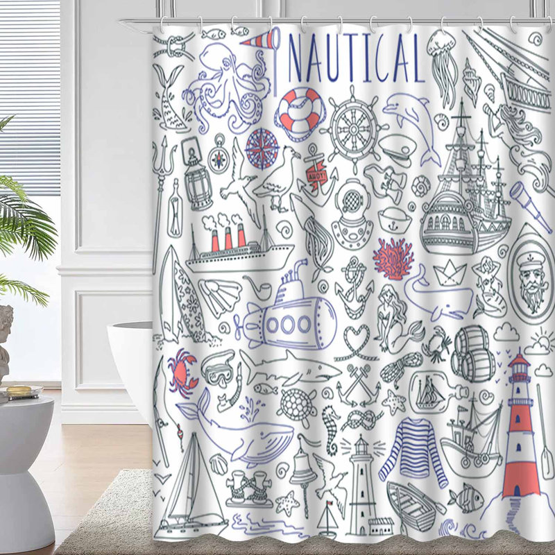 Rideau de douche nautique imperméable avec 12 crochets Nautical Journey, L 72 po x l 84 po