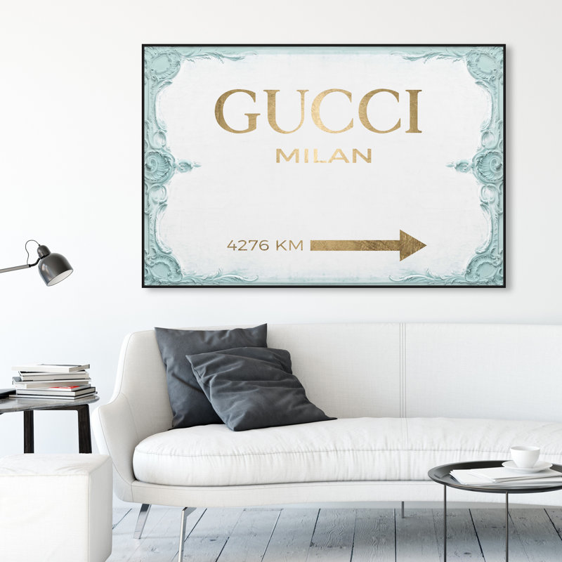 «Milan Sign Aqua», art textuel sur toile, H 36 po x l 54 po, Cadre noir