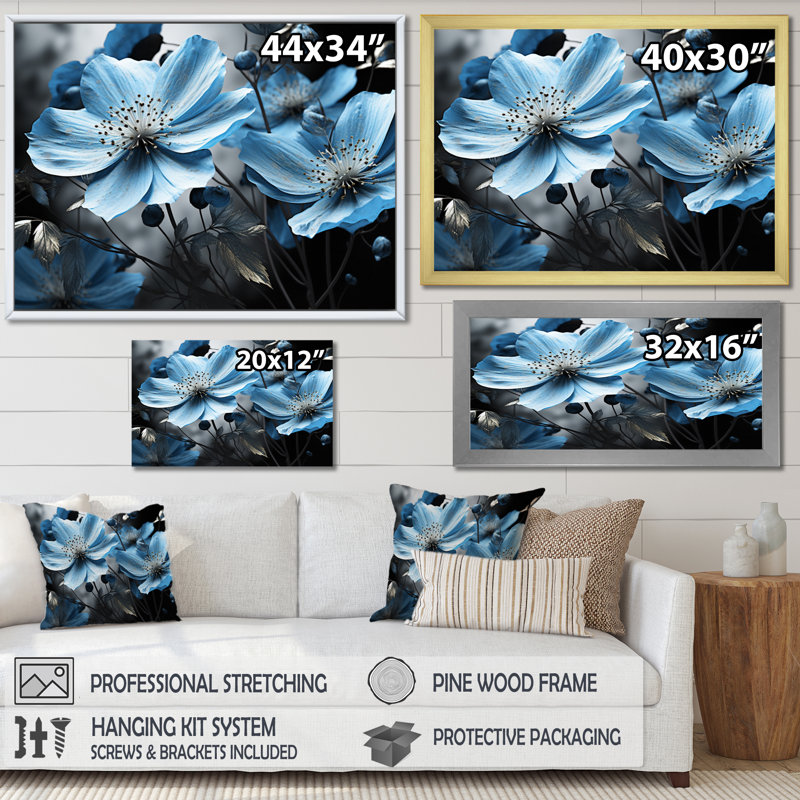 «Grey and Blue Botanical Symphony I», art abstrait sur toile botanique, H 12 po x l 20 po x P 1 po, Cadre flottant brun