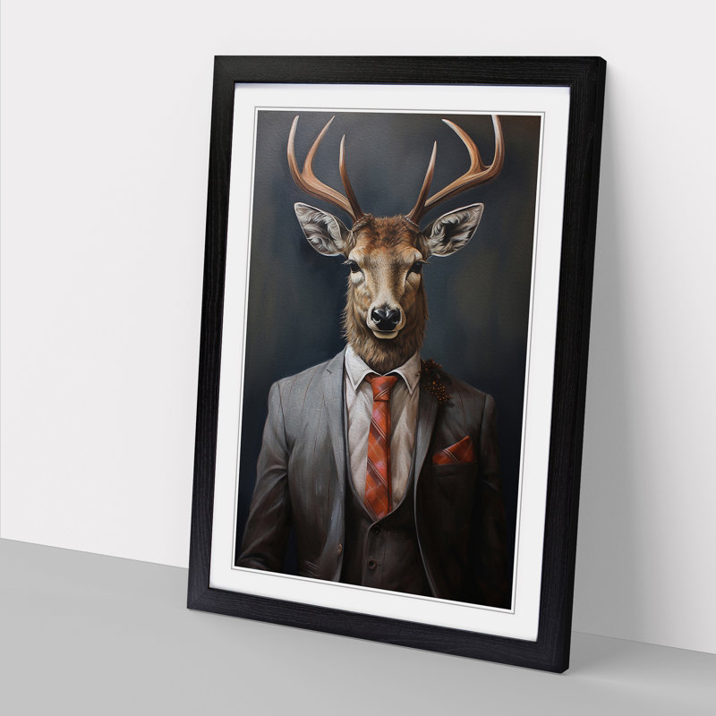 Stag In A Suit Painting No.2 - Single Picture Frame Print on Wood, Black Framed, 64cm H x 46cm W