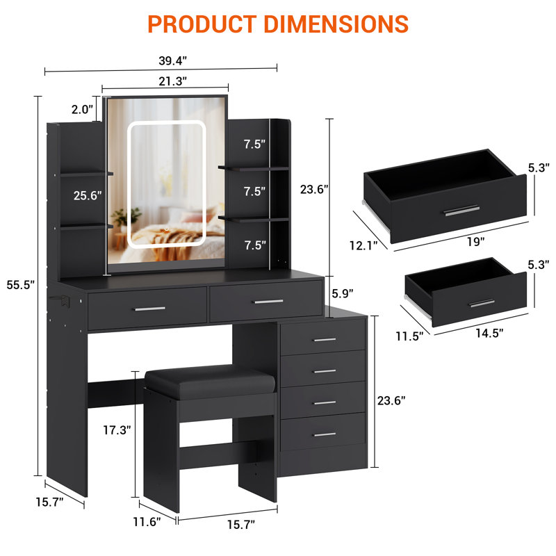 Bureau de maquillage, petite coiffeuse avec miroir lumineux, station de charge et tabouret rembourré, coiffeuse blanche moderne
