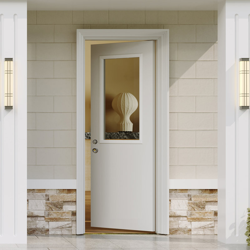 Entry Door Slab with Deadbolt Lock - 1 Lite Clear Glass White Primed Solid Wood Door (Single-Key System), 30" W x 80" H