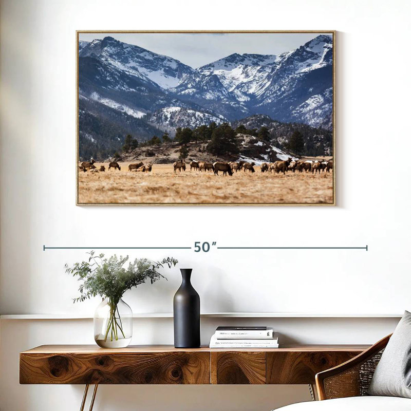 Elks Of Rocky Mountains, Floating Frame Natural Wood, 40" X 27"