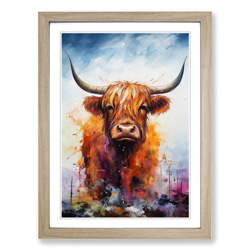 Highland Cow Action Painting - Framed Print, Oak, 46cm H x 34cm W x 2cm D