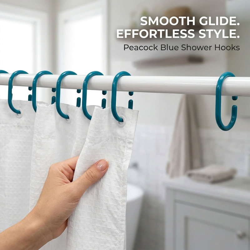 Solid Plastic Shower Curtain Hooks Rings, Solid Peacock Blue