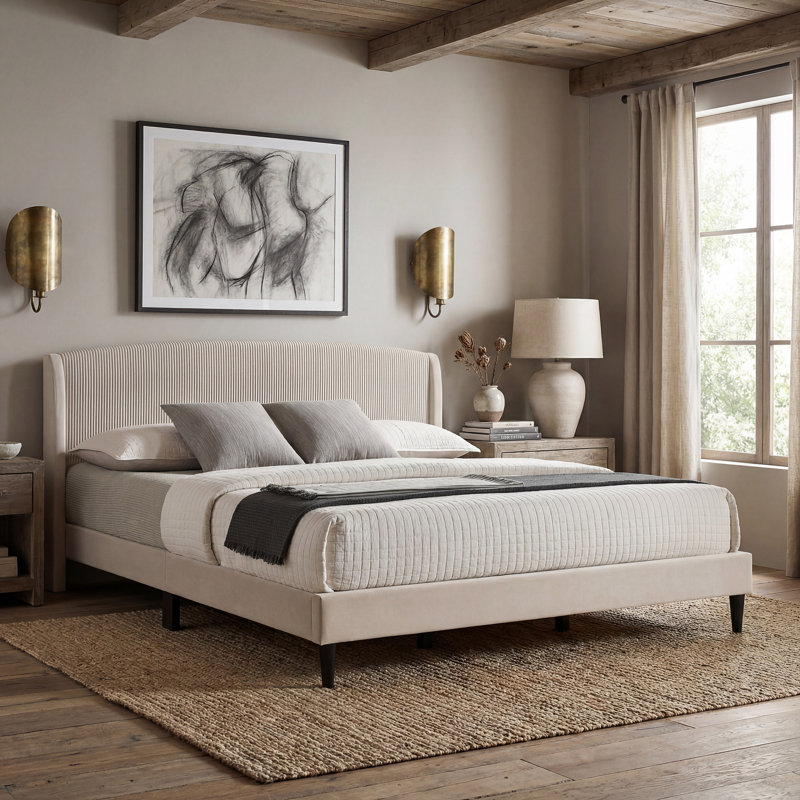 Lit tapissier Jolande, Très grand lit, Beige