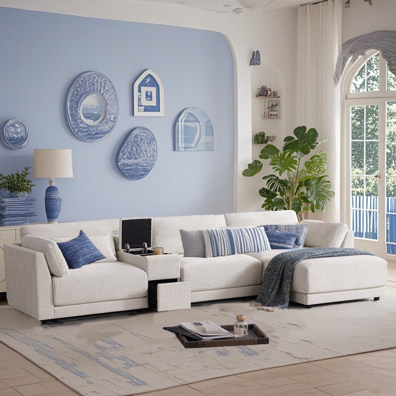 Canapé modulaire en chenille de 124 po avec console de rangement et repose-pieds mobile, canapé convertible en forme de L avec chargeur USB pour le salon