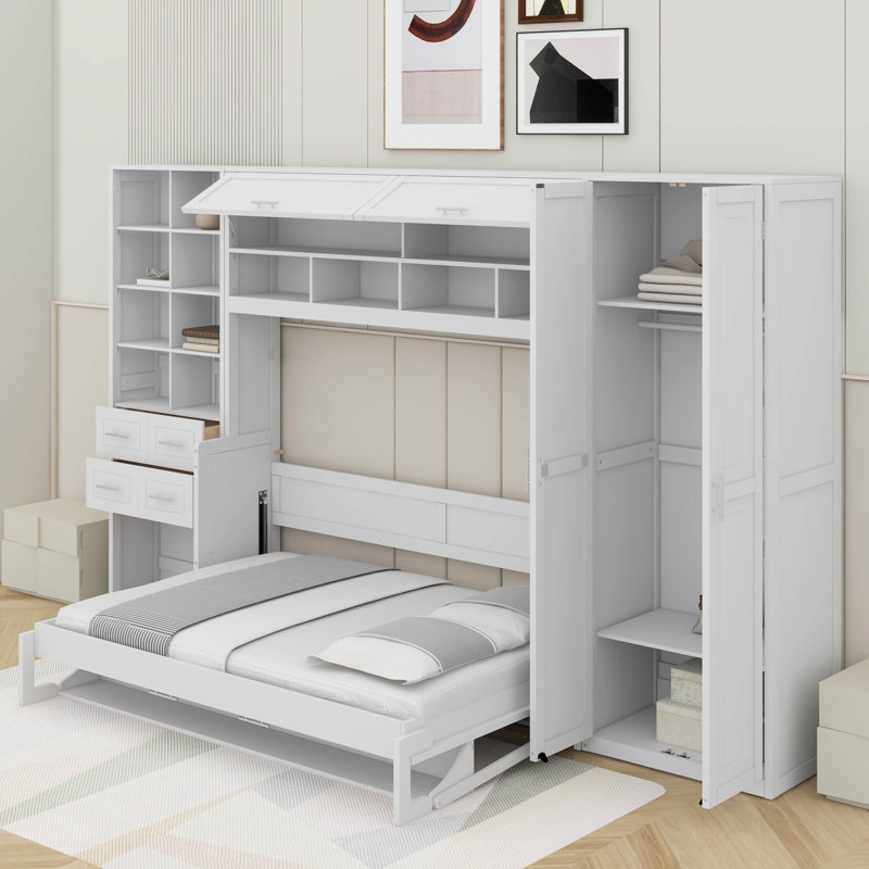 Grand lit escamotable avec placard, tiroirs et tablettes, Blanc, Grand lit