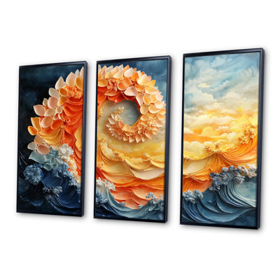 Jaune et orange lever de soleil abstrait vagues II - ensemble de décorations murales spirales abstraites