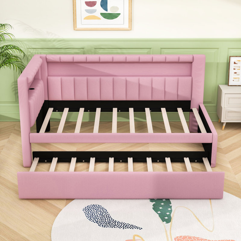 Upholstered Twin Daybed with Trundle, LED Lighting and USB Ports, Pink
