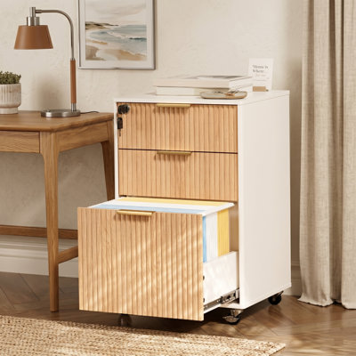 3-Drawer Fluted Oak Lateral Mobile Filing Cabinet with Lock