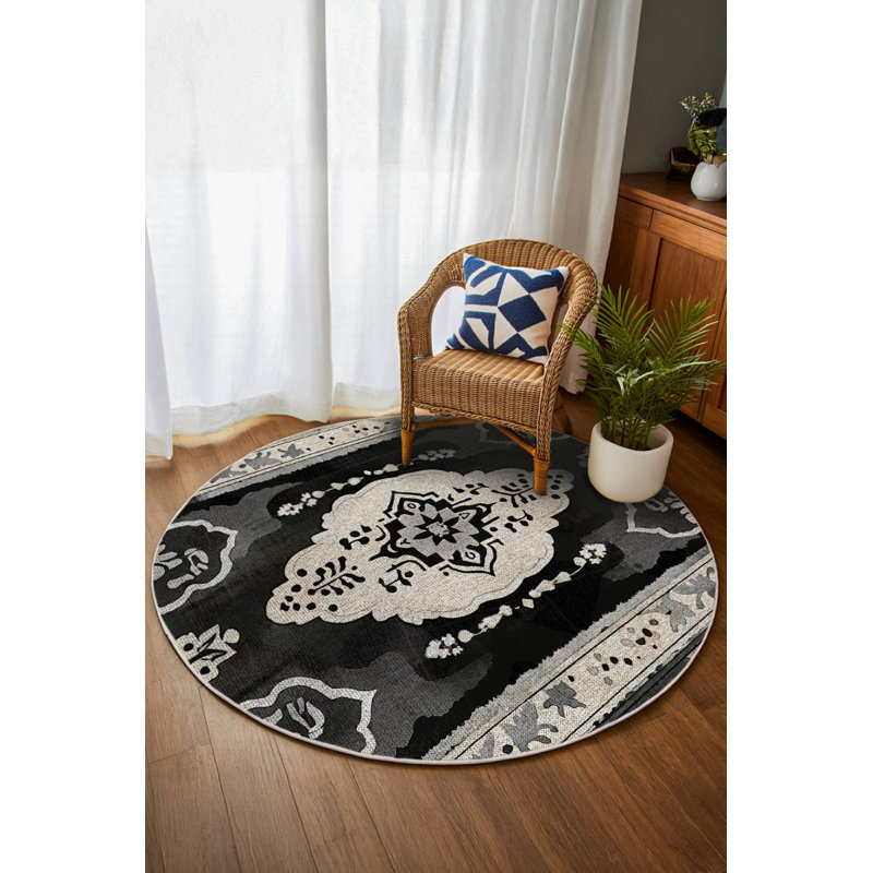 Tapis marocain en coton et polyester à imprimé numérique Zeira Collection, Rond 3 pi 4 po